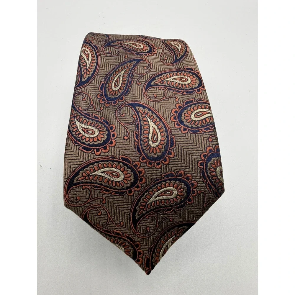 Jos. A. Bank Reserve Silk Tie Taupe Navy Copper Paisley Herringbone Necktie